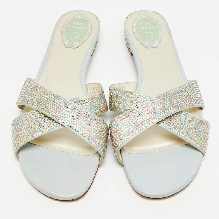 Pre Owned صندل مسطح سلايد رينيه كوفيلا مزخرف بالكريستال شامواه بيج مقاس 38