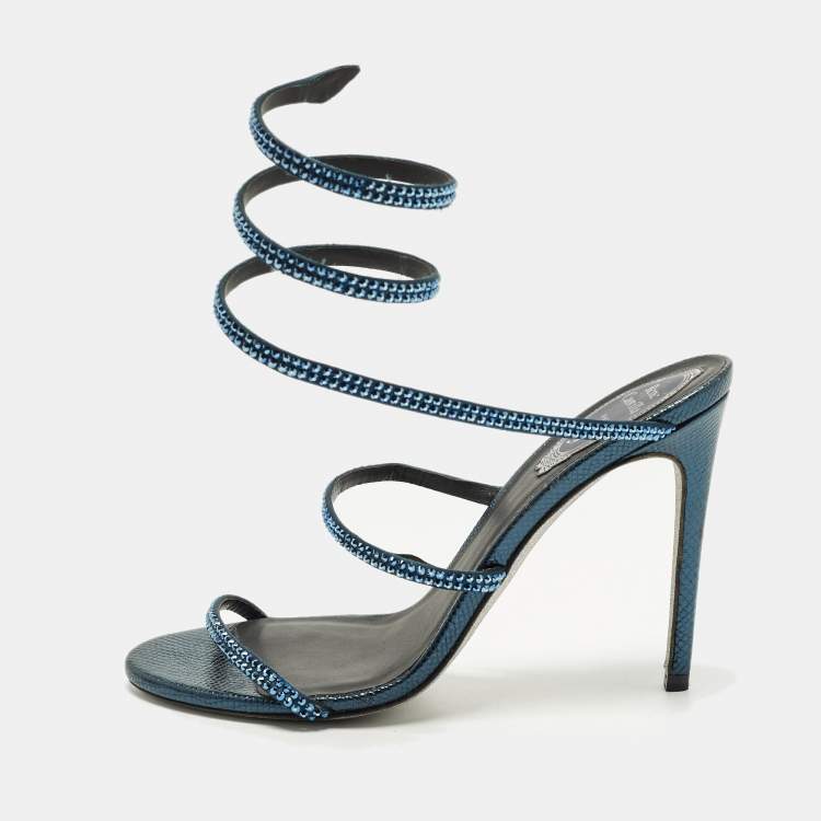 Pre Owned René Caovilla Cleo Size 37.5 Metallic Blue Satin Ankle Wrap Sandals