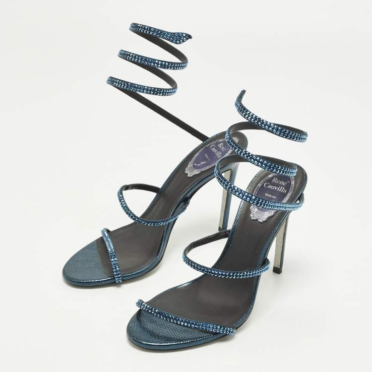 Pre Owned René Caovilla Cleo Size 37.5 Metallic Blue Satin Ankle Wrap Sandals