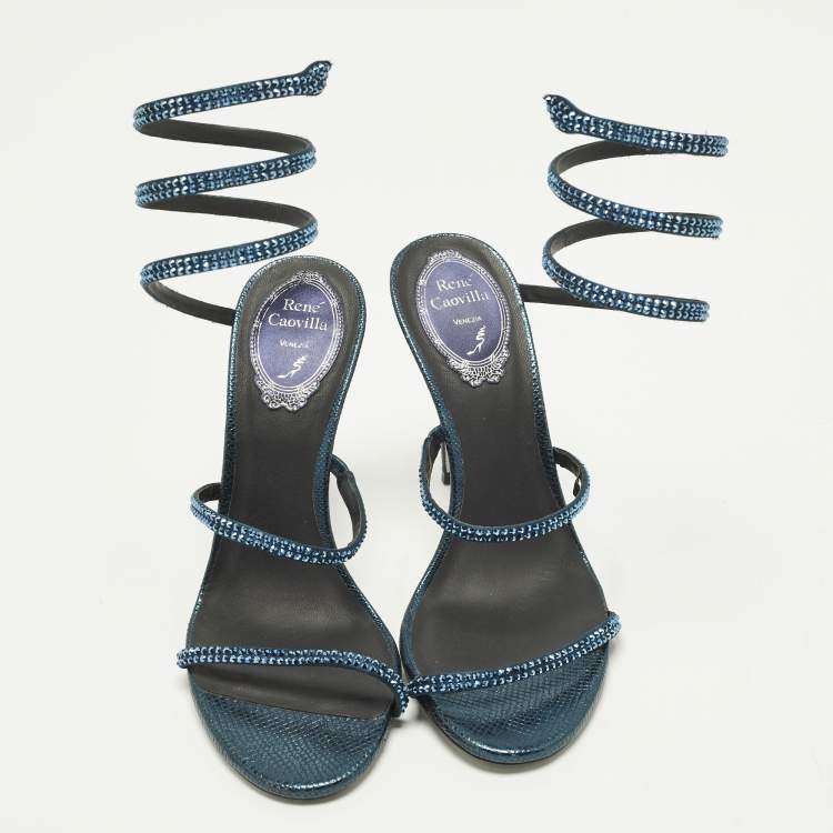 Pre Owned René Caovilla Cleo Size 37.5 Metallic Blue Satin Ankle Wrap Sandals