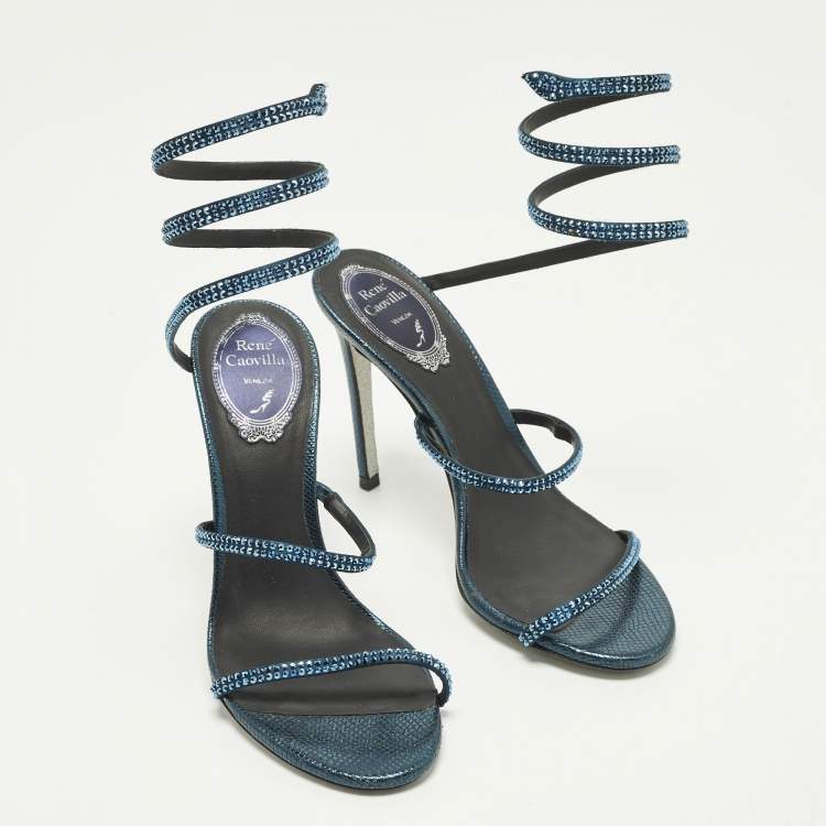 Pre Owned René Caovilla Cleo Size 37.5 Metallic Blue Satin Ankle Wrap Sandals