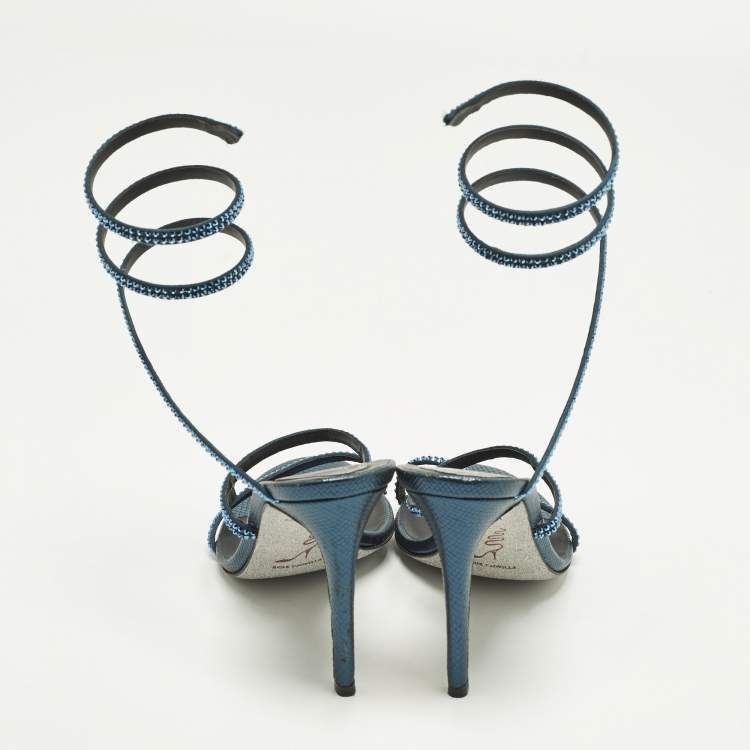 Pre Owned René Caovilla Cleo Size 37.5 Metallic Blue Satin Ankle Wrap Sandals