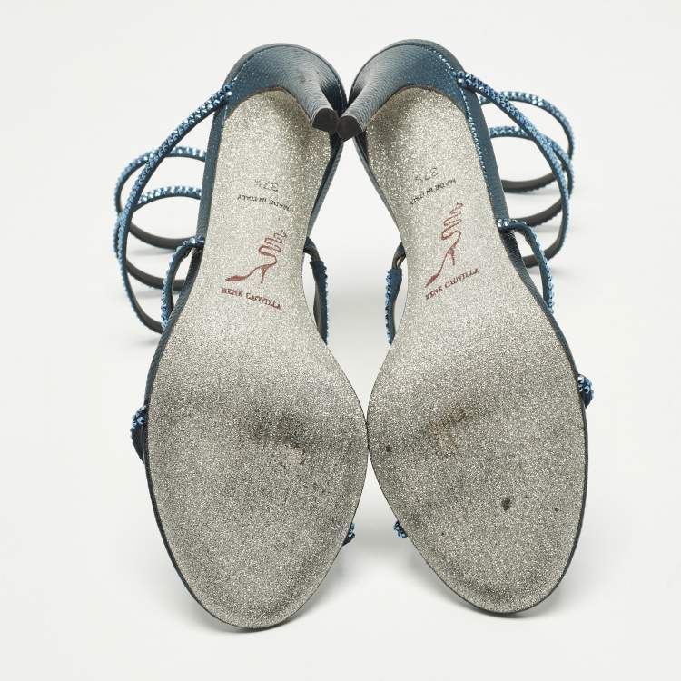Pre Owned René Caovilla Cleo Size 37.5 Metallic Blue Satin Ankle Wrap Sandals