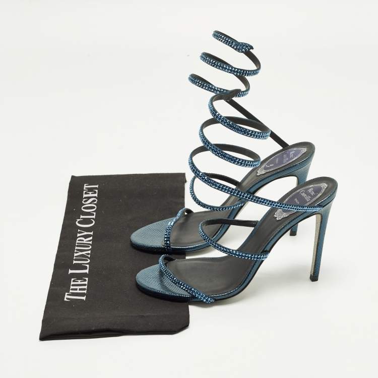 Pre Owned René Caovilla Cleo Size 37.5 Metallic Blue Satin Ankle Wrap Sandals