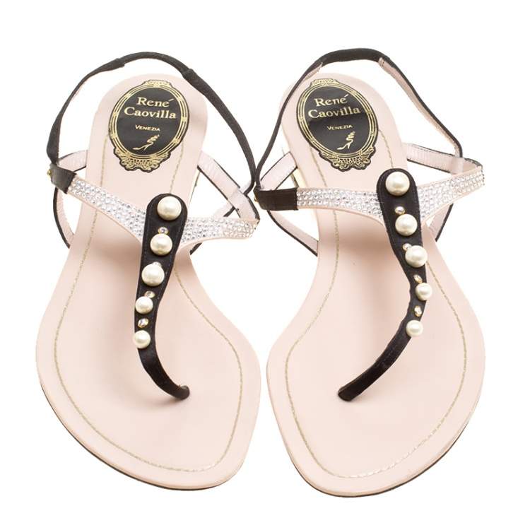 Pre Owned René Caovilla Black/Beige Satin Pearl Detail Flat Sandals Size 37