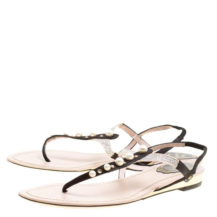 Pre Owned René Caovilla Black/Beige Satin Pearl Detail Flat Sandals Size 37