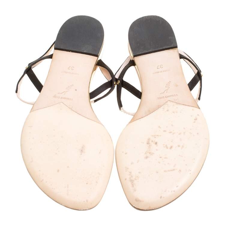 Pre Owned René Caovilla Black/Beige Satin Pearl Detail Flat Sandals Size 37