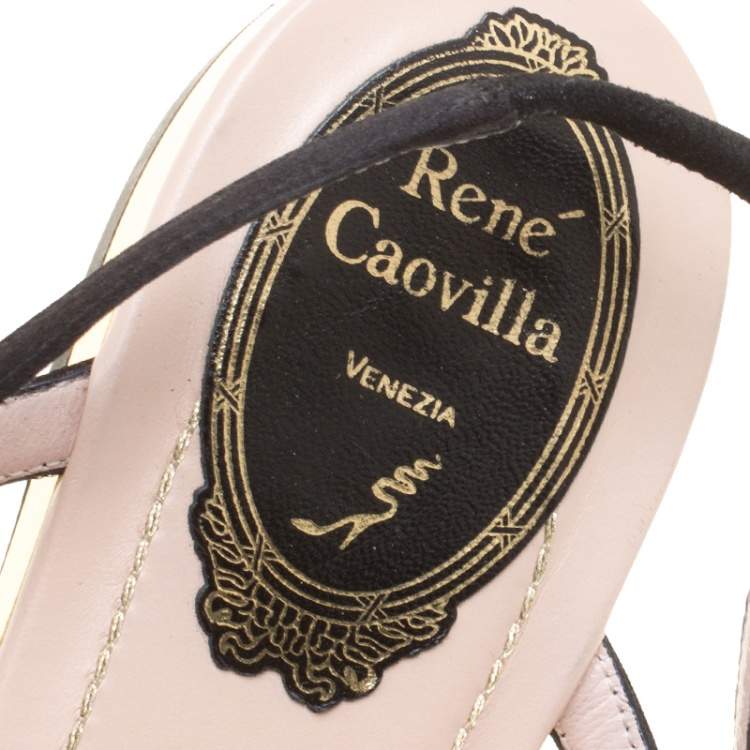 Pre Owned René Caovilla Black/Beige Satin Pearl Detail Flat Sandals Size 37
