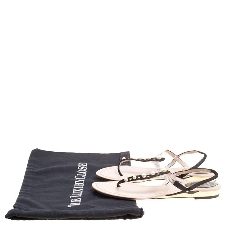 Pre Owned René Caovilla Black/Beige Satin Pearl Detail Flat Sandals Size 37