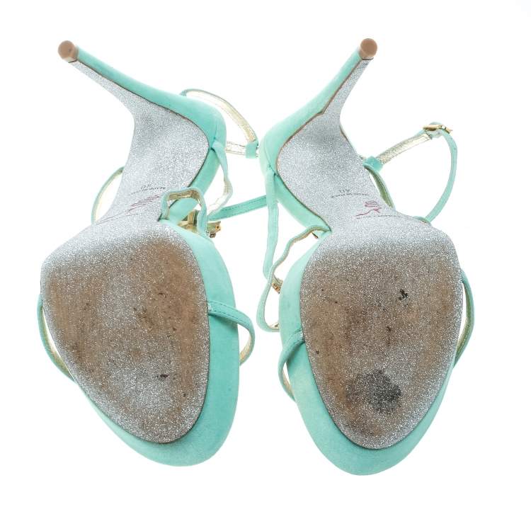 Pre Owned René Caovilla Mint Blue Suede Crystal Embellished Strappy Sandals Size 40