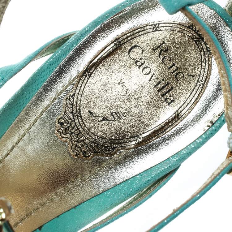 Pre Owned René Caovilla Mint Blue Suede Crystal Embellished Strappy Sandals Size 40