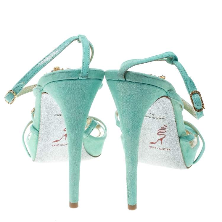 Pre Owned René Caovilla Mint Blue Suede Crystal Embellished Strappy Sandals Size 40