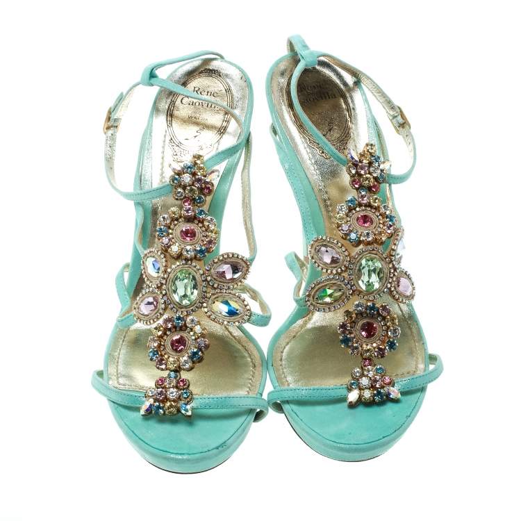 Pre Owned René Caovilla Mint Blue Suede Crystal Embellished Strappy Sandals Size 40