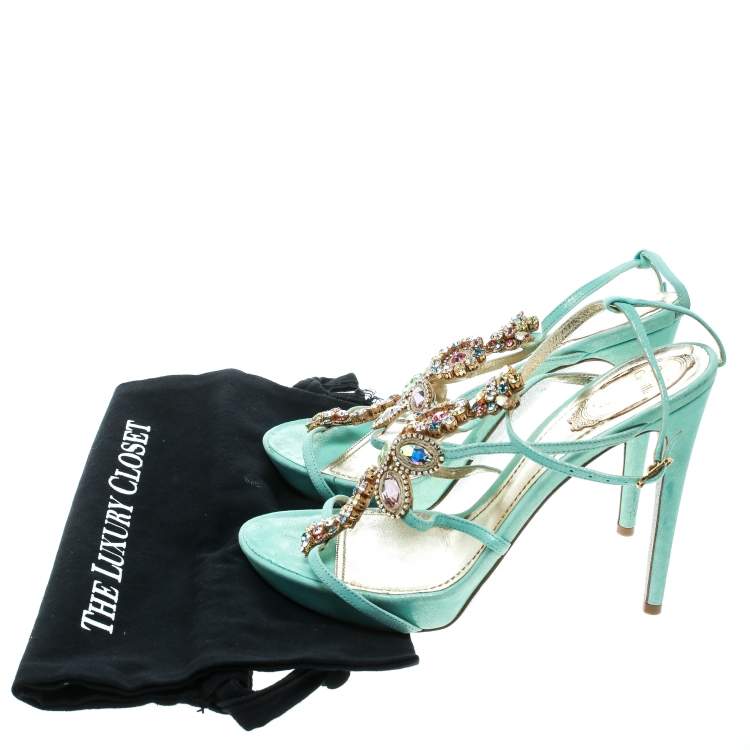 Pre Owned René Caovilla Mint Blue Suede Crystal Embellished Strappy Sandals Size 40