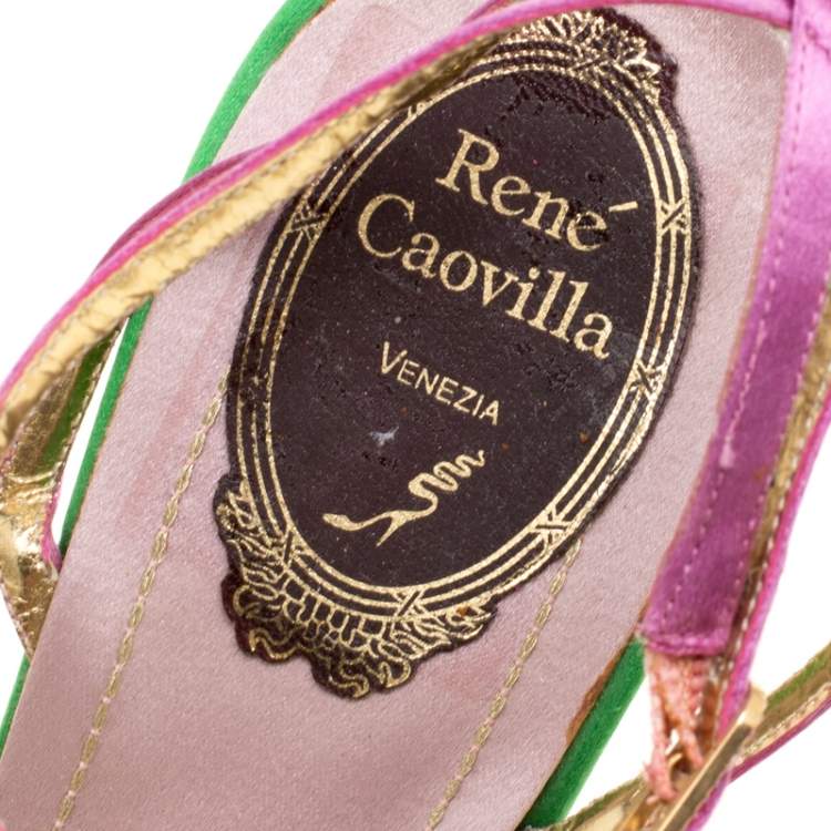 Pre Owned René Caovilla Multicolor Satin Crystal Flower Embellished Ankle Strap Sandals Size 41