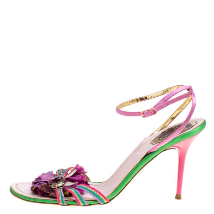 Pre Owned René Caovilla Multicolor Satin Crystal Flower Embellished Ankle Strap Sandals Size 41