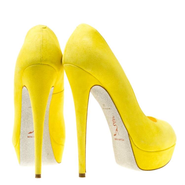 Pre Owned René Caovilla Yellow Suede Peep Toe Platform Pumps Size 39