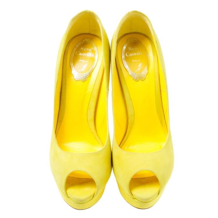 Pre Owned René Caovilla Yellow Suede Peep Toe Platform Pumps Size 39