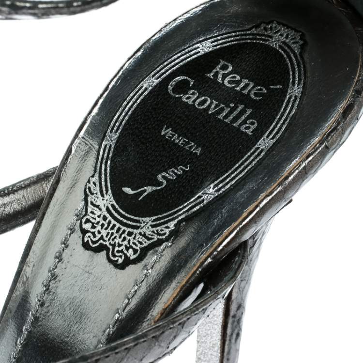Pre Owned René Caovilla Grey Python Crystal Embellished Strappy Sandals Size 38