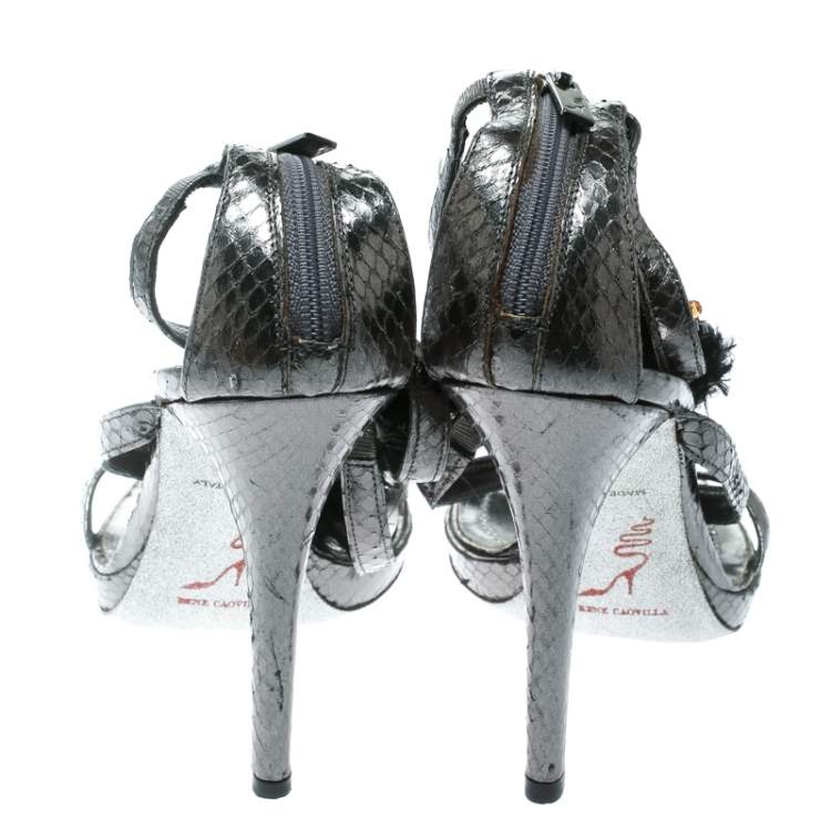 Pre Owned René Caovilla Grey Python Crystal Embellished Strappy Sandals Size 38