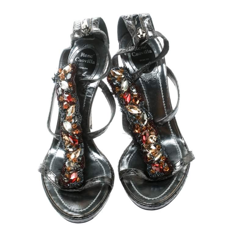 Pre Owned René Caovilla Grey Python Crystal Embellished Strappy Sandals Size 38