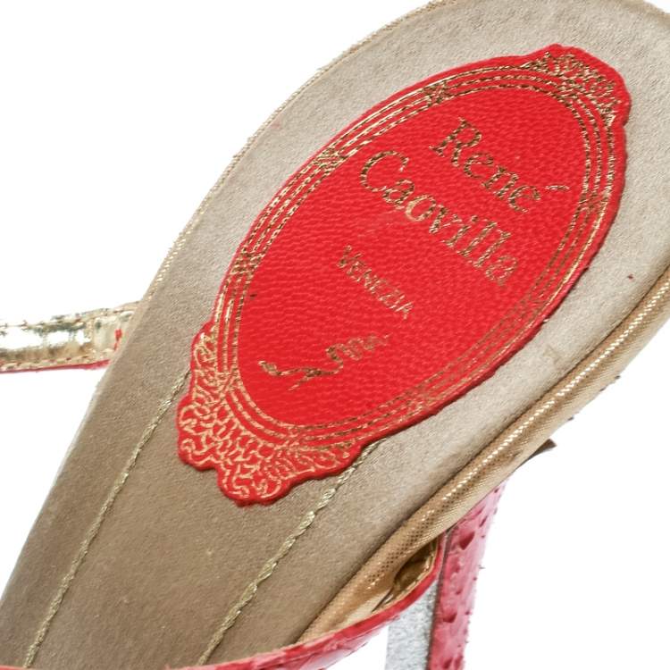 مملوكة مسبقًا  René Caovilla Red Embossed Python Leather Crystal Embellished Ankle Strap Sandals Size 38.5