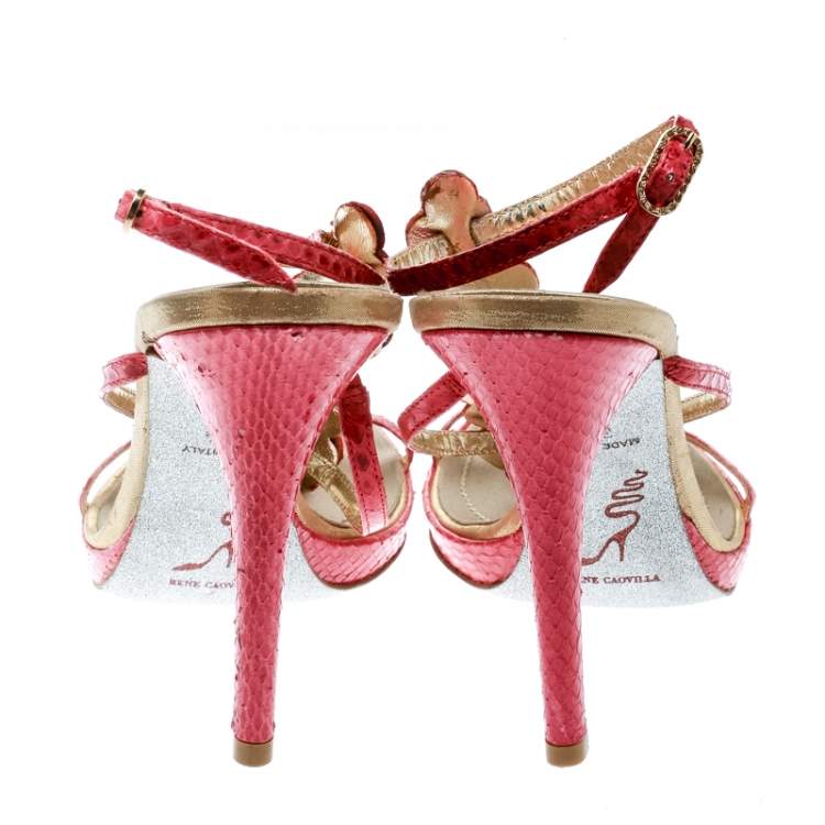 مملوكة مسبقًا  René Caovilla Red Embossed Python Leather Crystal Embellished Ankle Strap Sandals Size 38.5