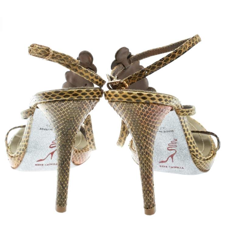 Pre Owned René Caovilla Yellow Python Crystal Embellished Strappy Sandals Size 37.5