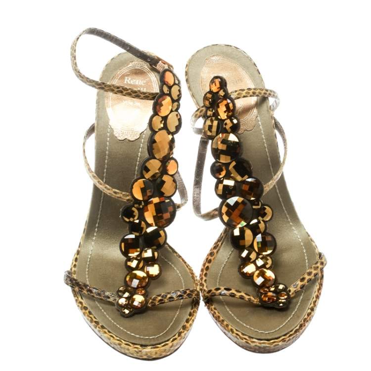 Pre Owned René Caovilla Yellow Python Crystal Embellished Strappy Sandals Size 37.5
