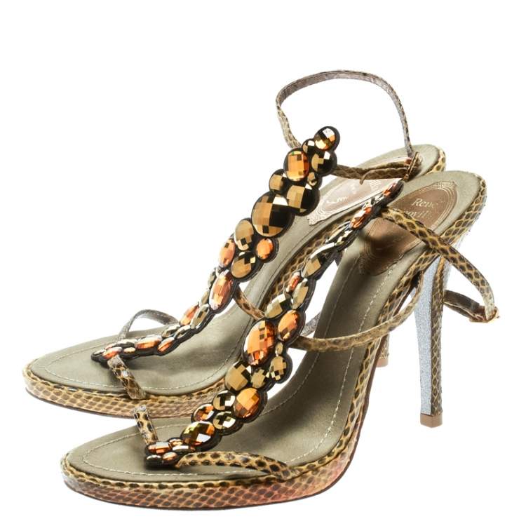 Pre Owned René Caovilla Yellow Python Crystal Embellished Strappy Sandals Size 37.5