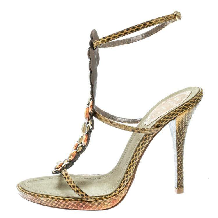 Pre Owned René Caovilla Yellow Python Crystal Embellished Strappy Sandals Size 37.5