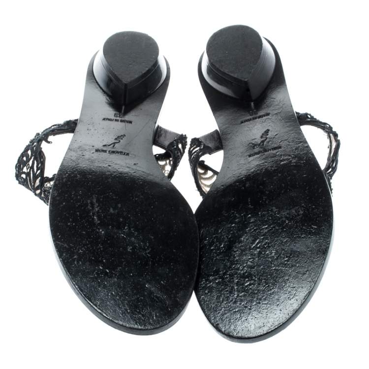 Pre Owned Rene Caovilla Black Crystal Embellished Lace And Leather Flat Thong Sandals Size 39