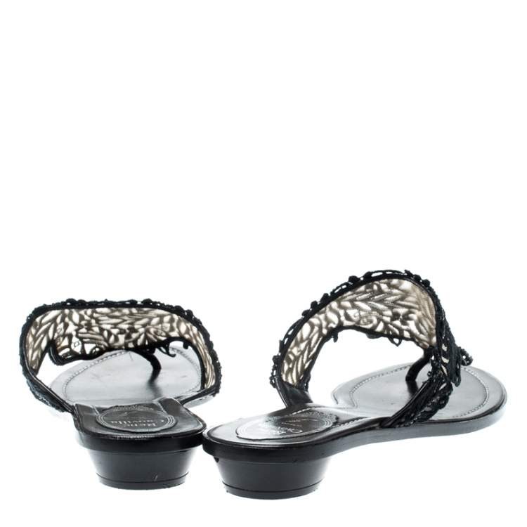 Pre Owned Rene Caovilla Black Crystal Embellished Lace And Leather Flat Thong Sandals Size 39