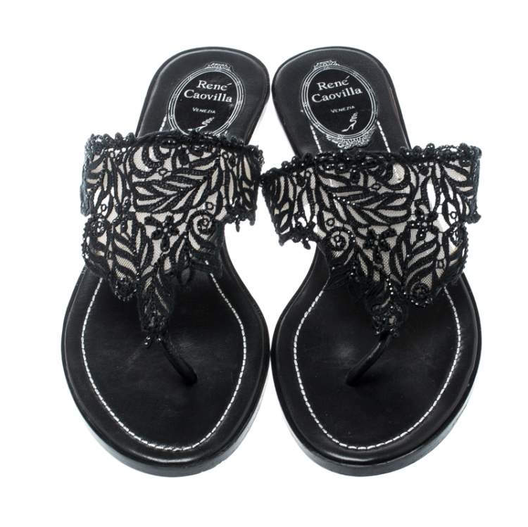 Pre Owned Rene Caovilla Black Crystal Embellished Lace And Leather Flat Thong Sandals Size 39
