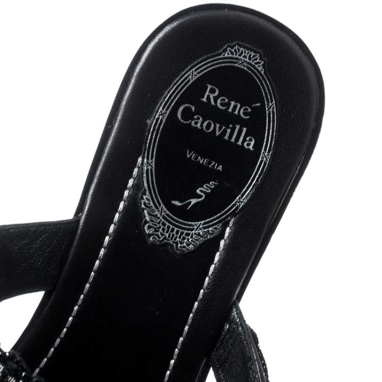 Pre Owned Rene Caovilla Black Crystal Embellished Lace And Leather Flat Thong Sandals Size 39