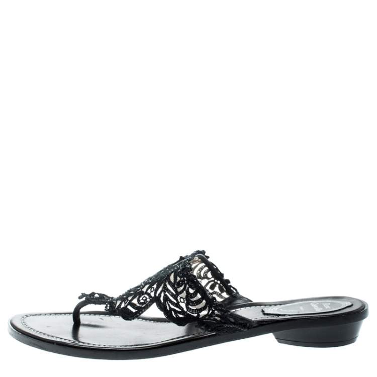 Pre Owned Rene Caovilla Black Crystal Embellished Lace And Leather Flat Thong Sandals Size 39