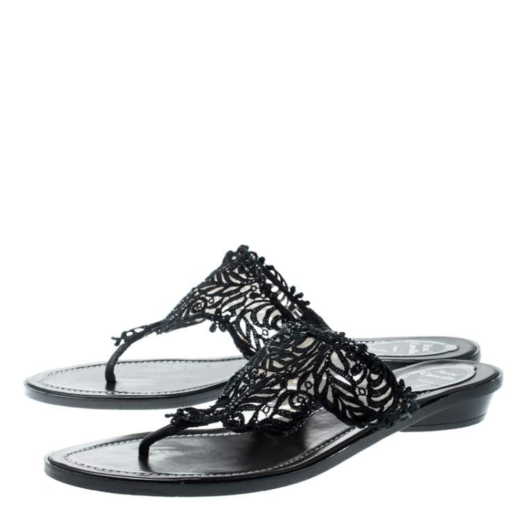 Pre Owned Rene Caovilla Black Crystal Embellished Lace And Leather Flat Thong Sandals Size 39