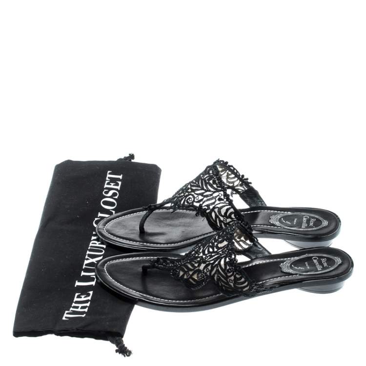 Pre Owned Rene Caovilla Black Crystal Embellished Lace And Leather Flat Thong Sandals Size 39