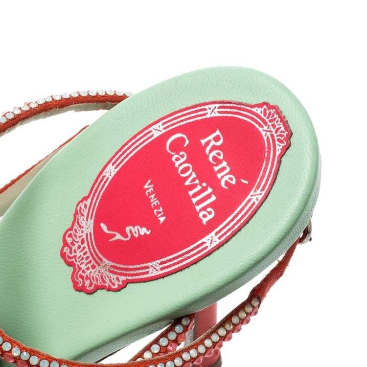 Pre Owned  René Caovilla Orange Satin And Suede Crystal Embellished Ankle Strap Sandals Size 38