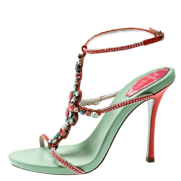 Pre Owned  René Caovilla Orange Satin And Suede Crystal Embellished Ankle Strap Sandals Size 38