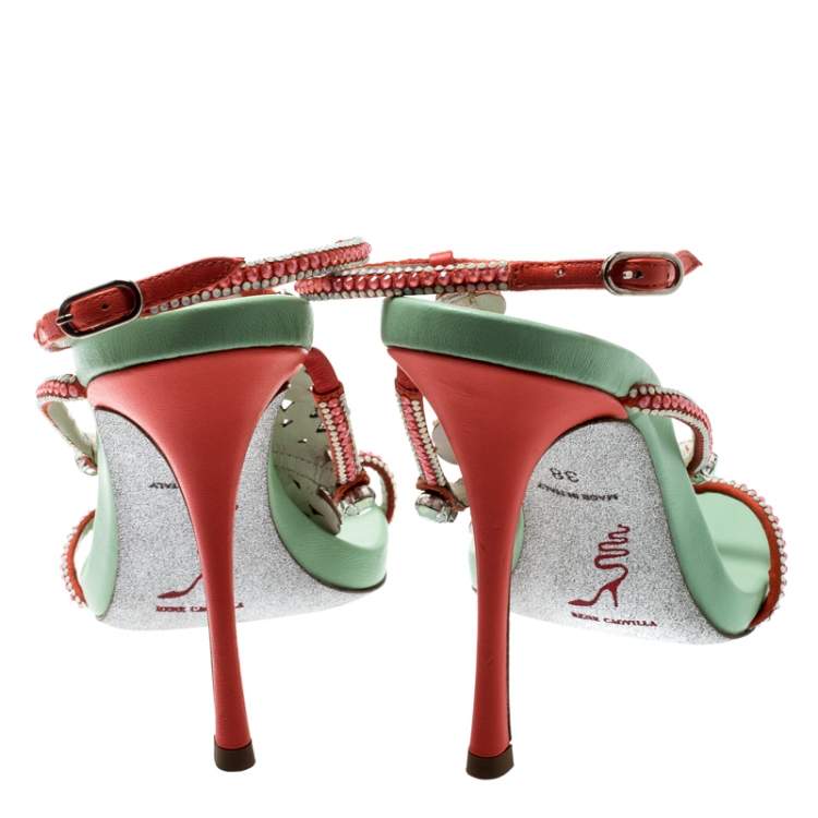 Pre Owned  René Caovilla Orange Satin And Suede Crystal Embellished Ankle Strap Sandals Size 38