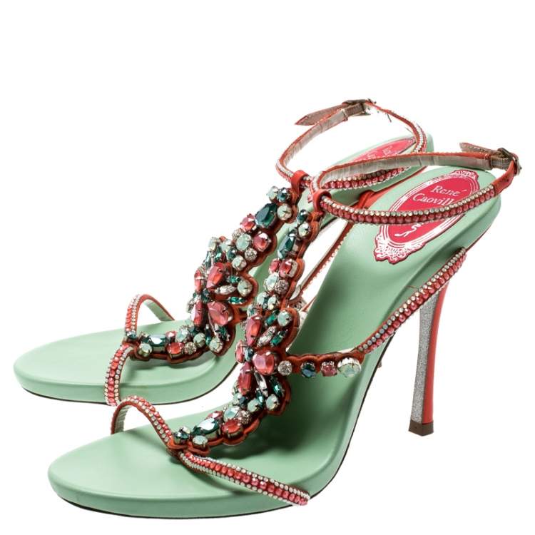 Pre Owned  René Caovilla Orange Satin And Suede Crystal Embellished Ankle Strap Sandals Size 38