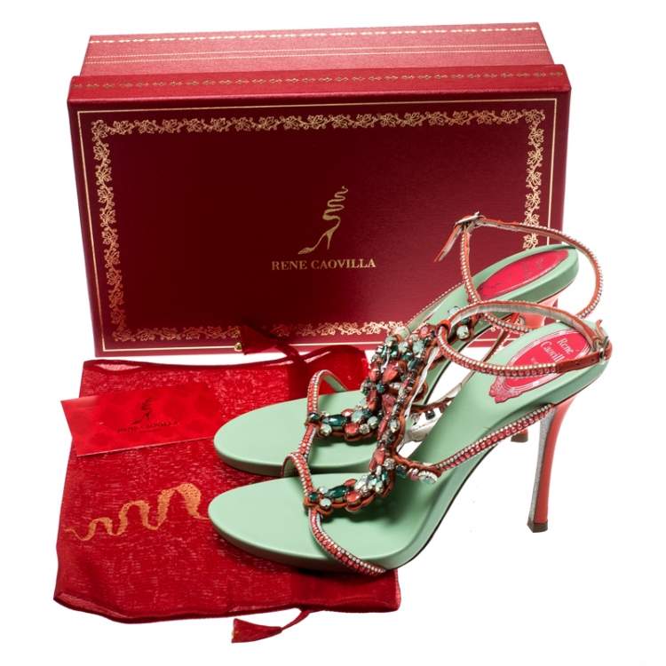 Pre Owned  René Caovilla Orange Satin And Suede Crystal Embellished Ankle Strap Sandals Size 38