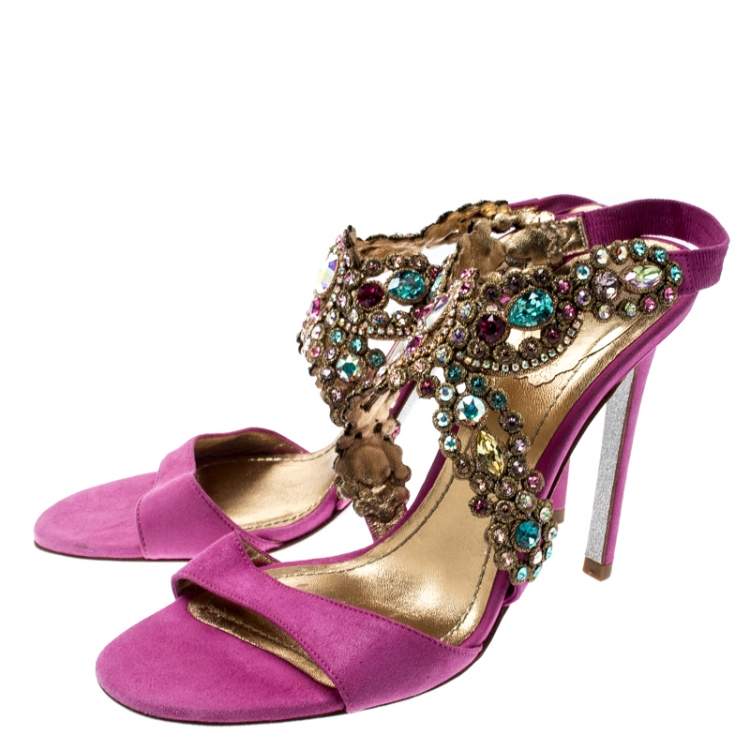 Pre Owned René Caovilla Pink Suede Crystal Embellished Anklet Sandals Size 37