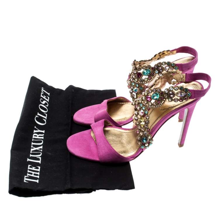 Pre Owned René Caovilla Pink Suede Crystal Embellished Anklet Sandals Size 37