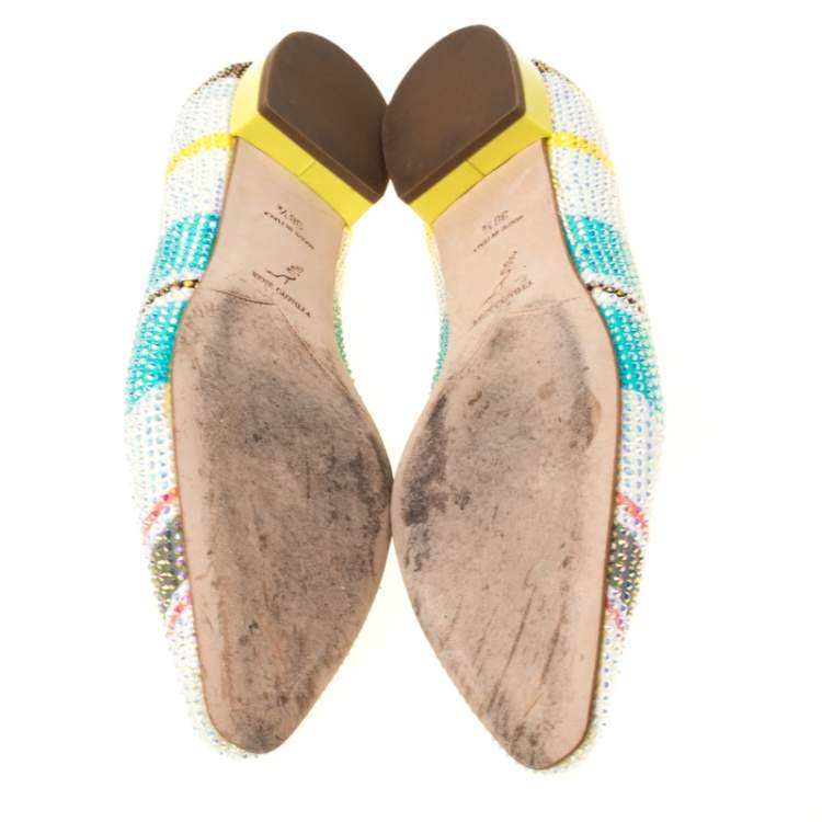 Pre Owned René Caovilla Multicolor Crystal Embellished Slip On Flats Size 38.5