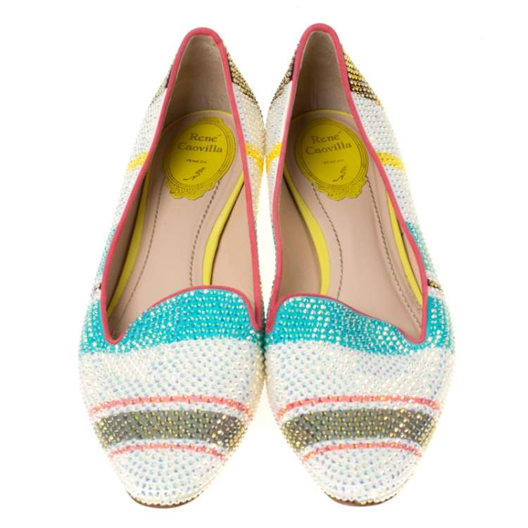 Pre Owned René Caovilla Multicolor Crystal Embellished Slip On Flats Size 38.5