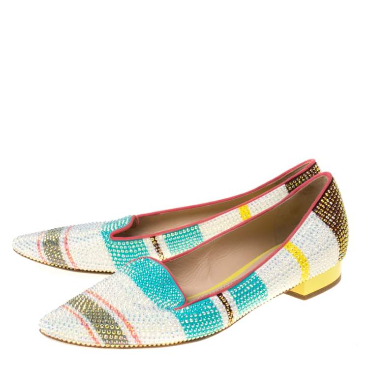 Pre Owned René Caovilla Multicolor Crystal Embellished Slip On Flats Size 38.5
