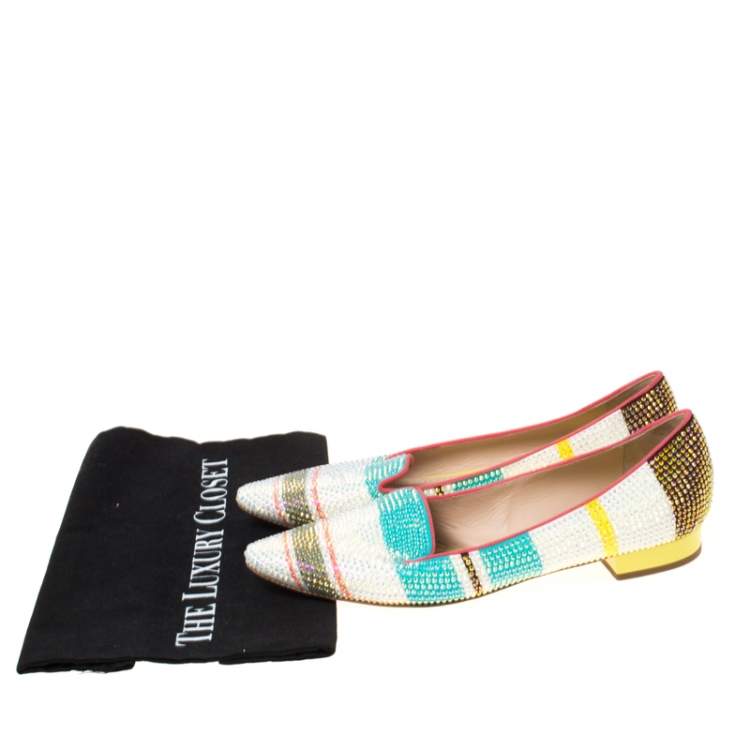 Pre Owned René Caovilla Multicolor Crystal Embellished Slip On Flats Size 38.5