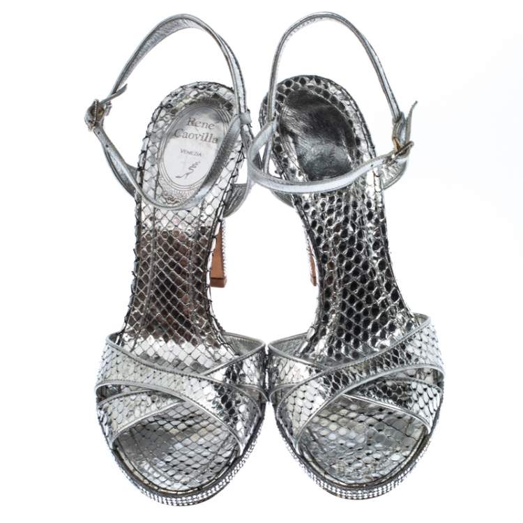 Pre Owned Rene Caovilla Silver Crystal Embellished Snakeskin Open Toe Crisscross Ankle Strap Sandals Size 38